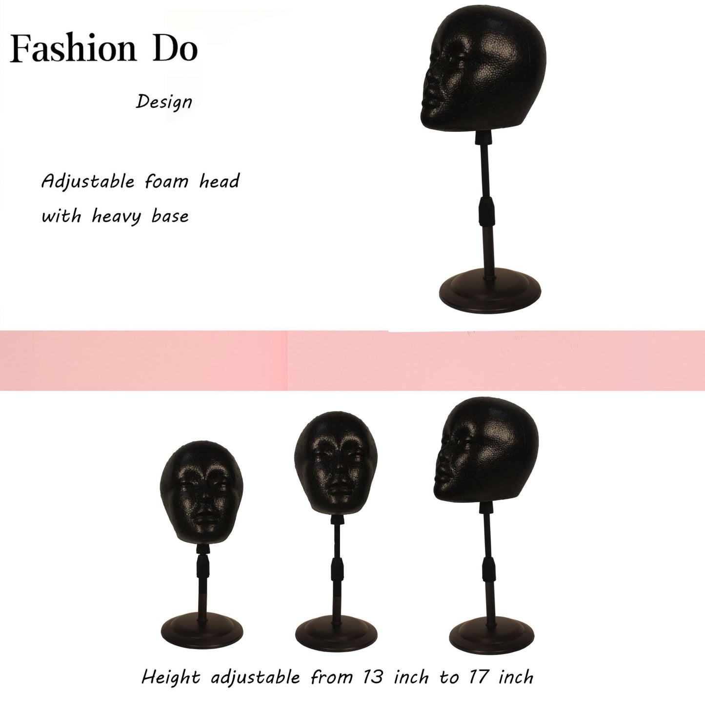 FASHION DO 2 PACKS Adjustable wig or hat black styrofoam mannequin head holder stand (13   to 17   ) (Black head 01)