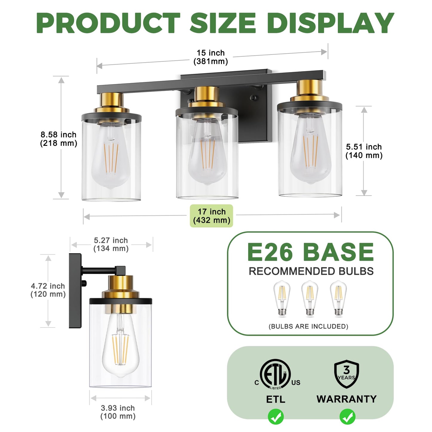 Doresshop 17 Inch Bathroom Light Fixtures  3-Light Black And Gold Bathroom Lighting Fixtures Over Mirror With Glass Shade  Modern Vanity Lights For Hallway Bedroom  Includes Bulbs