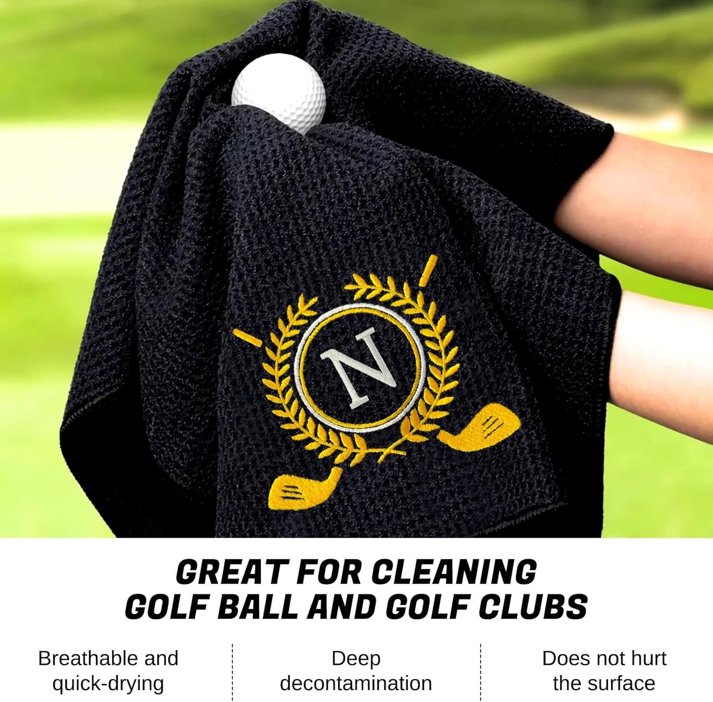 Personalized Golf Towels for Golf Bags - Microfiber Monogrammed Golf Towels for Men/Women, Retractable Brush Tool Kit with Club Groove Cleaner, Custom Golf Accessories for Golfers (Initial N)
