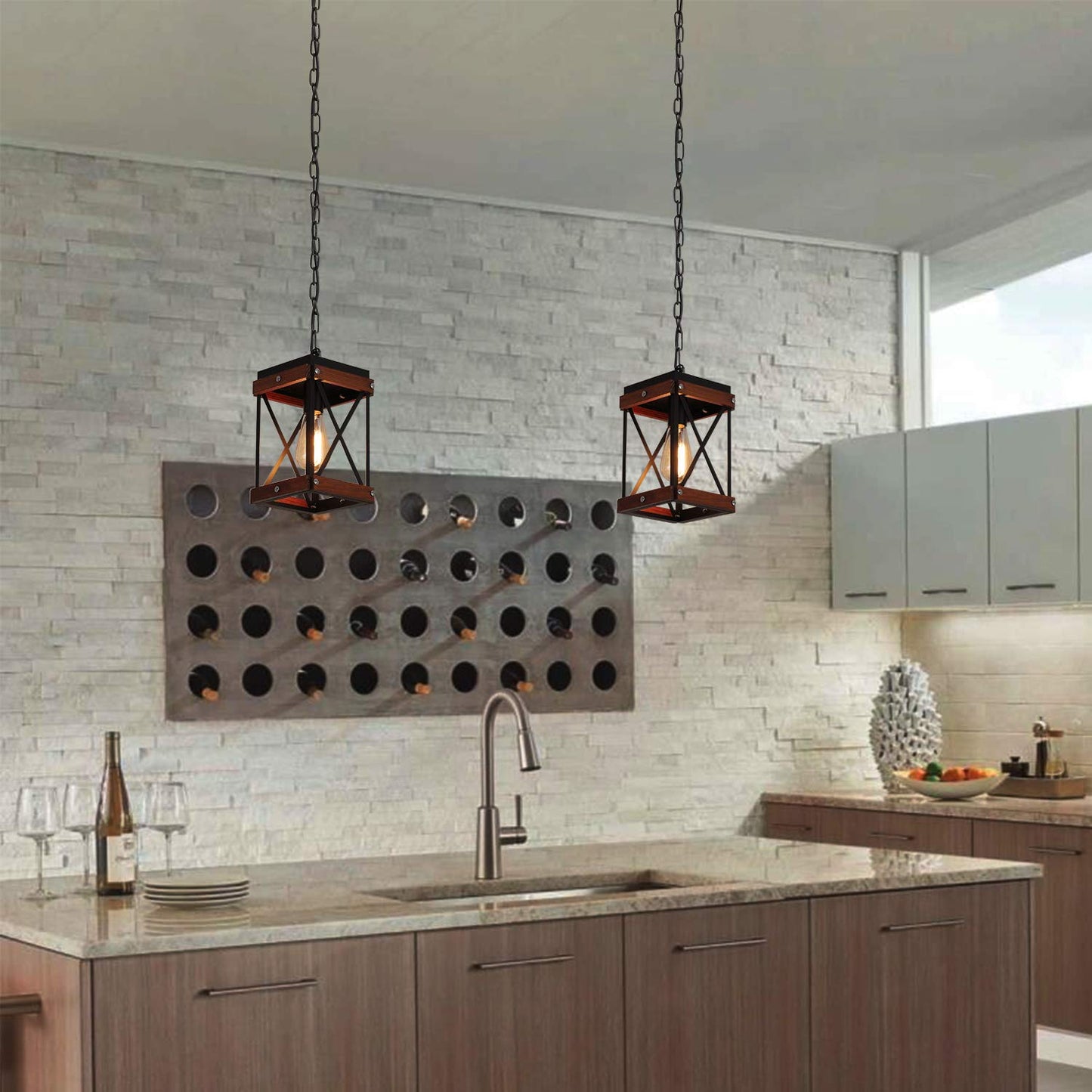 Fivess Lighting Rustic Farmhouse Plug-in Pendant Light, Black, 15ft Cord, On/Off Switch, Wood & Metal, Small, Model FSS6103-2P