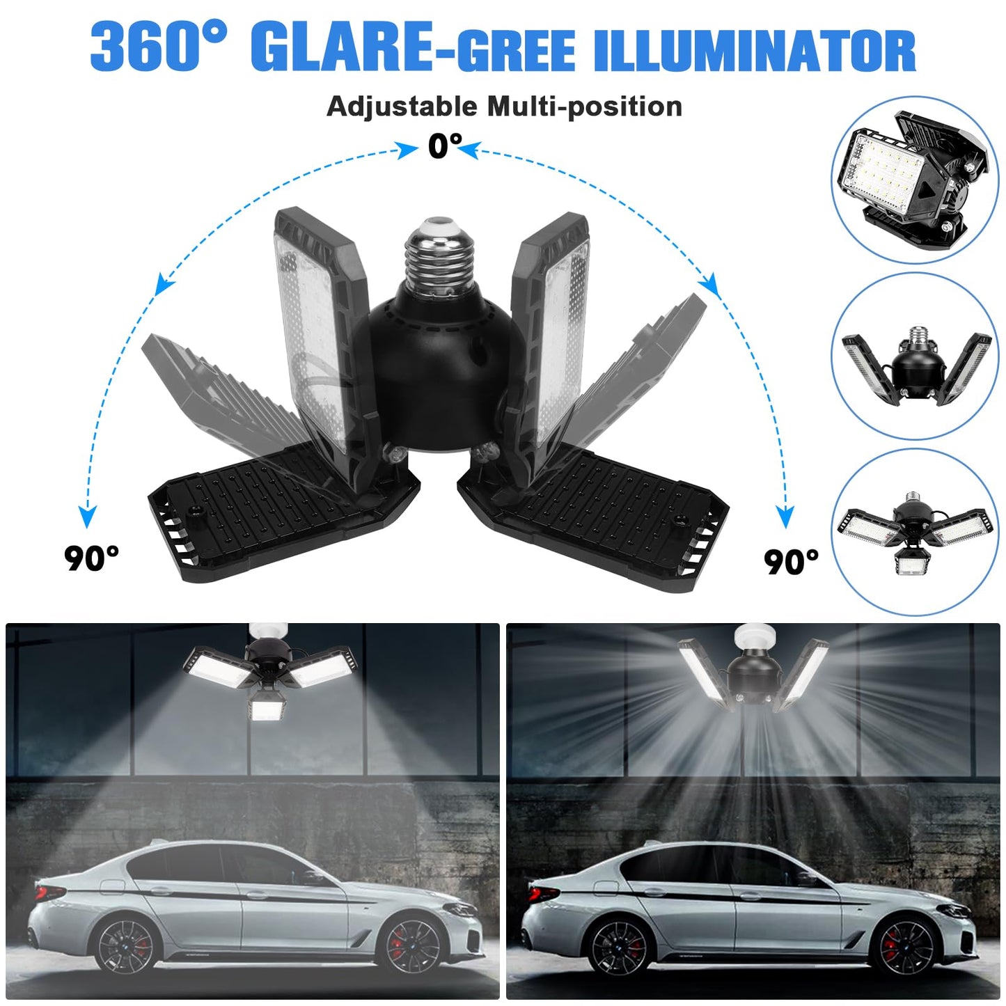 Aoretic LED Garage Lights 80W 8000LM 6500K 2 Pack with 3 Deformable Panels Black Model GR-6