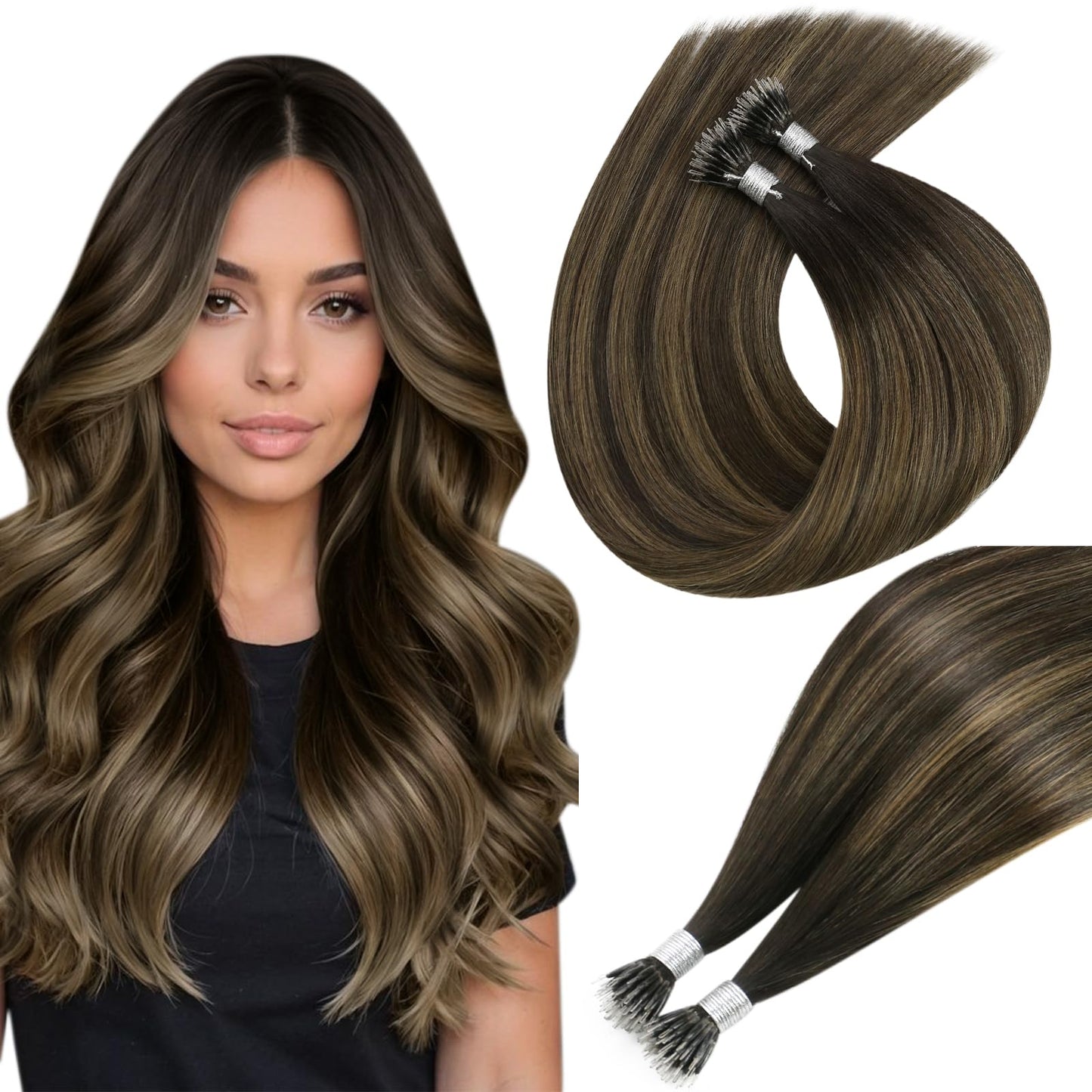 Easyouth Nano Beads Hair Extension Human Hair Balayage Nano Tip Hair Extensions Real Hair Darkest Brown Ombre Light Brown Nanos
