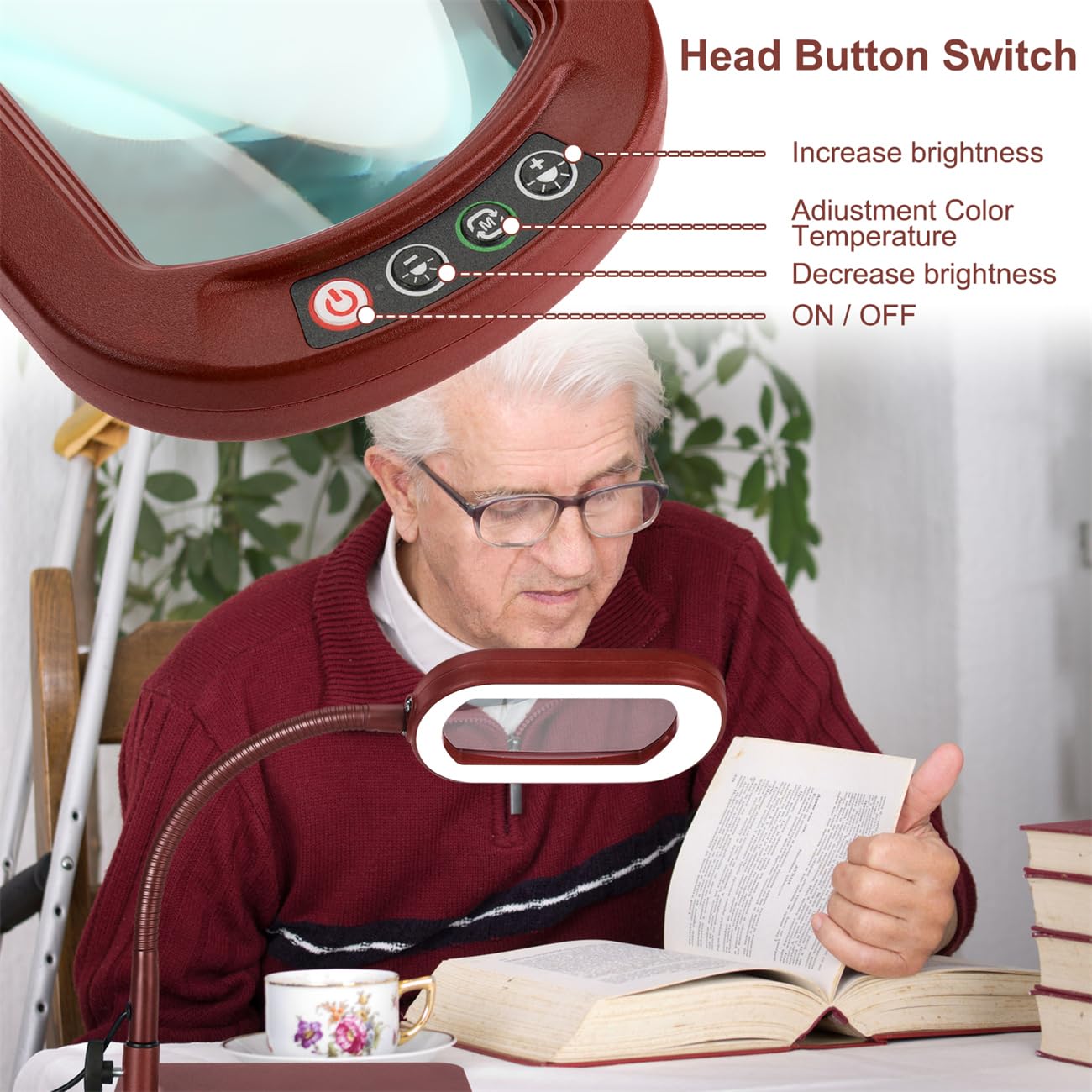 Veemagni 10X Rectangle Magnifying Glass with Light, Flexible Gooseneck Desk Lamp, Red, Model GE602