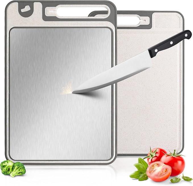 3-in-1 Stainless Steel Cutting Board for Kitchen, Double Sided, Cutting Board,Scratch-Resistant Mesh Design with Juice Groove,Easy Clean,Wheat Straw PP Large Chopping Board 15 * 11IN