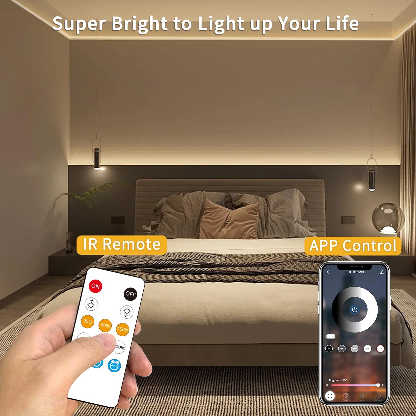 Yeewhale 100FT COB LED Strip Lights, Dimmable 3000K Warm White, Flexible LED Tape Light with Remote & App Control, Model Yeewhale-100cobNB01