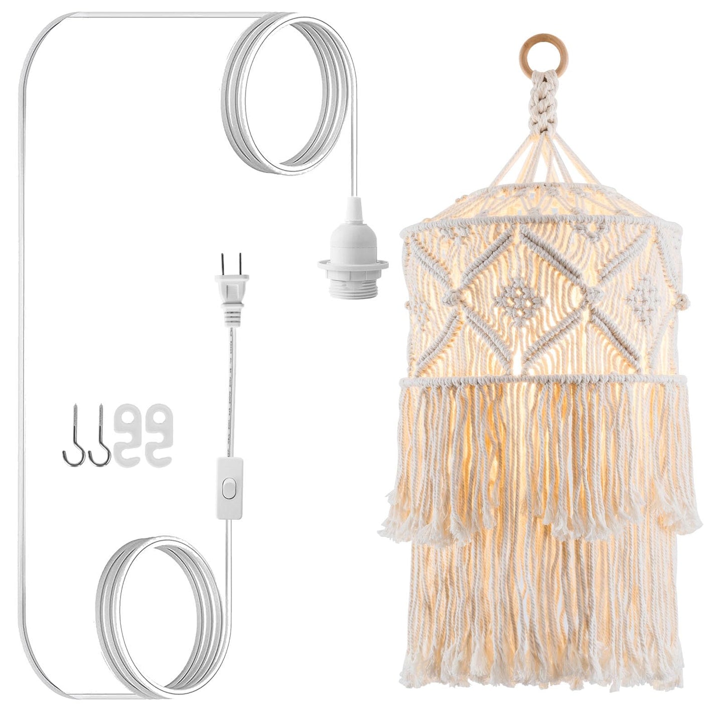 FLSFU Boho Pendant Light, Handmade Macrame Shade, Plug-in Cord, Beige, Model BOHO-04