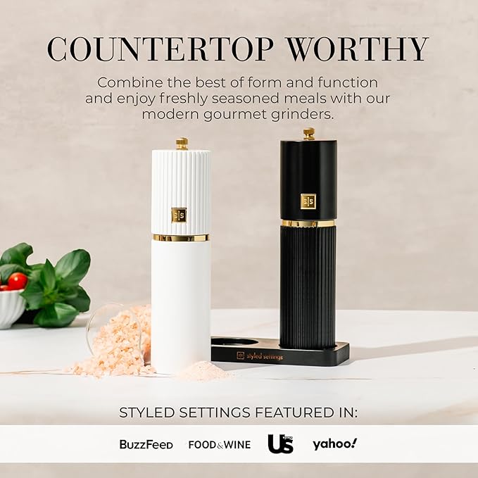 Styled Settings White and Black Salt and Pepper Grinder Set with Gold Accents – Set of Two Refillable Wooden Manual Grinders with Adjustable Ceramic Mills & Matching Wooden Stand - Ideal for Gifting