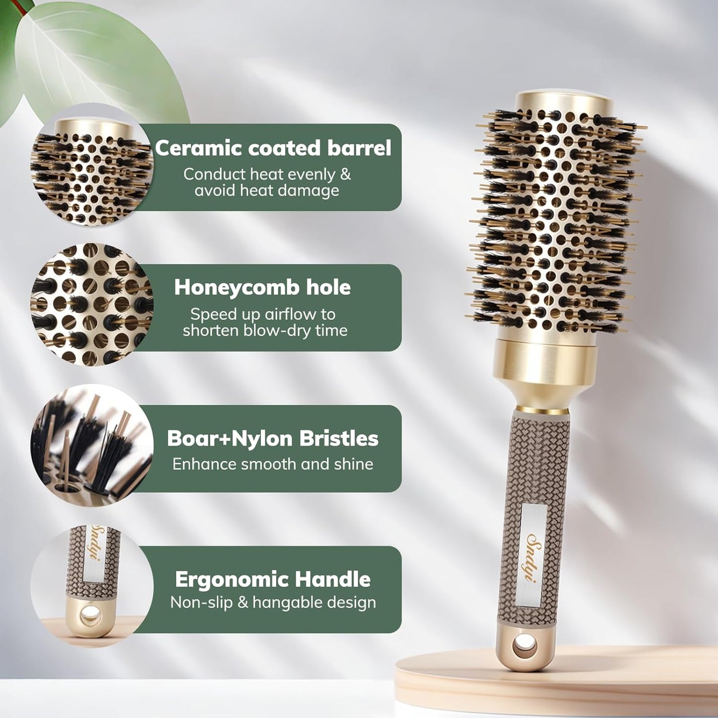 Nano Thermal Ceramic Round Hair Brush with Boar Bristles for Blow Drying and Styling by Sndyi - 2.9 Inch Barrel