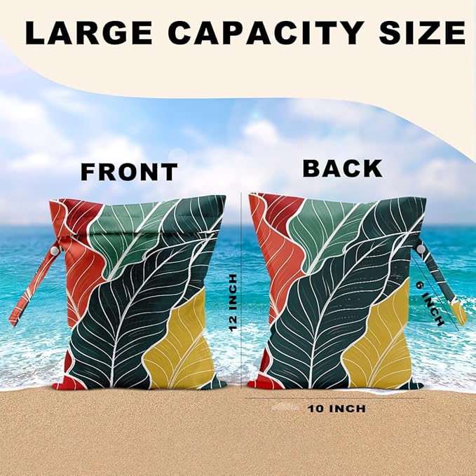 2Pcs Palm Leaves Wet Bags 12x10 Inch, Summer Plant Waterproof Wet Dry Bags, Washable Travel Laundry Bag for Swimsuit Beach Diapers Dirty Yoga Gym Clothes, Plant Gifts for Women Friend Travelers