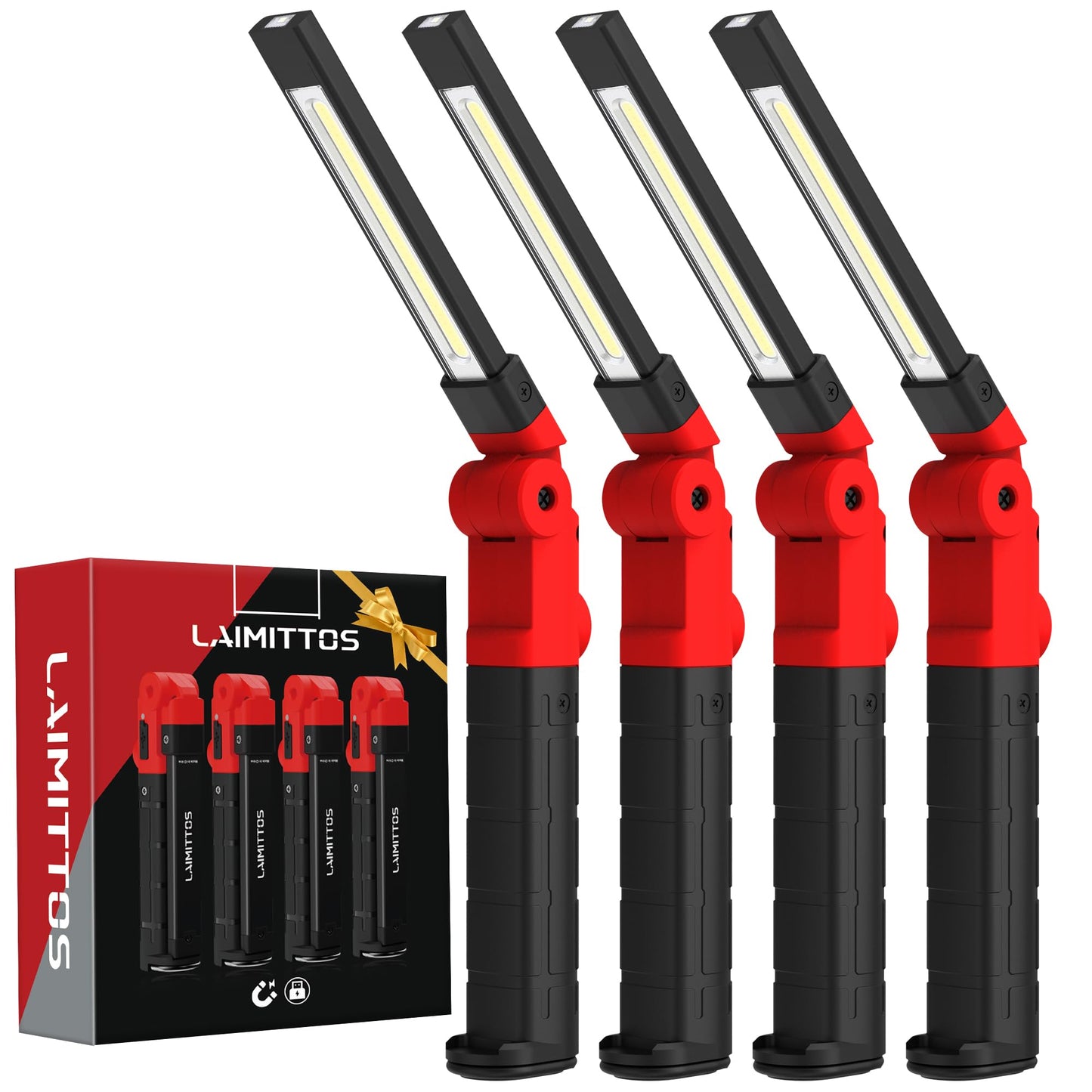 LAIMITTOS Rechargeable Work Light 2200mAh Magnetic LED Work Light Flashlight Mechanic Light Tool for Men Him, Foldable Lamp with Hook for Car Repair Emergency BBQ Grill (4 Pack)