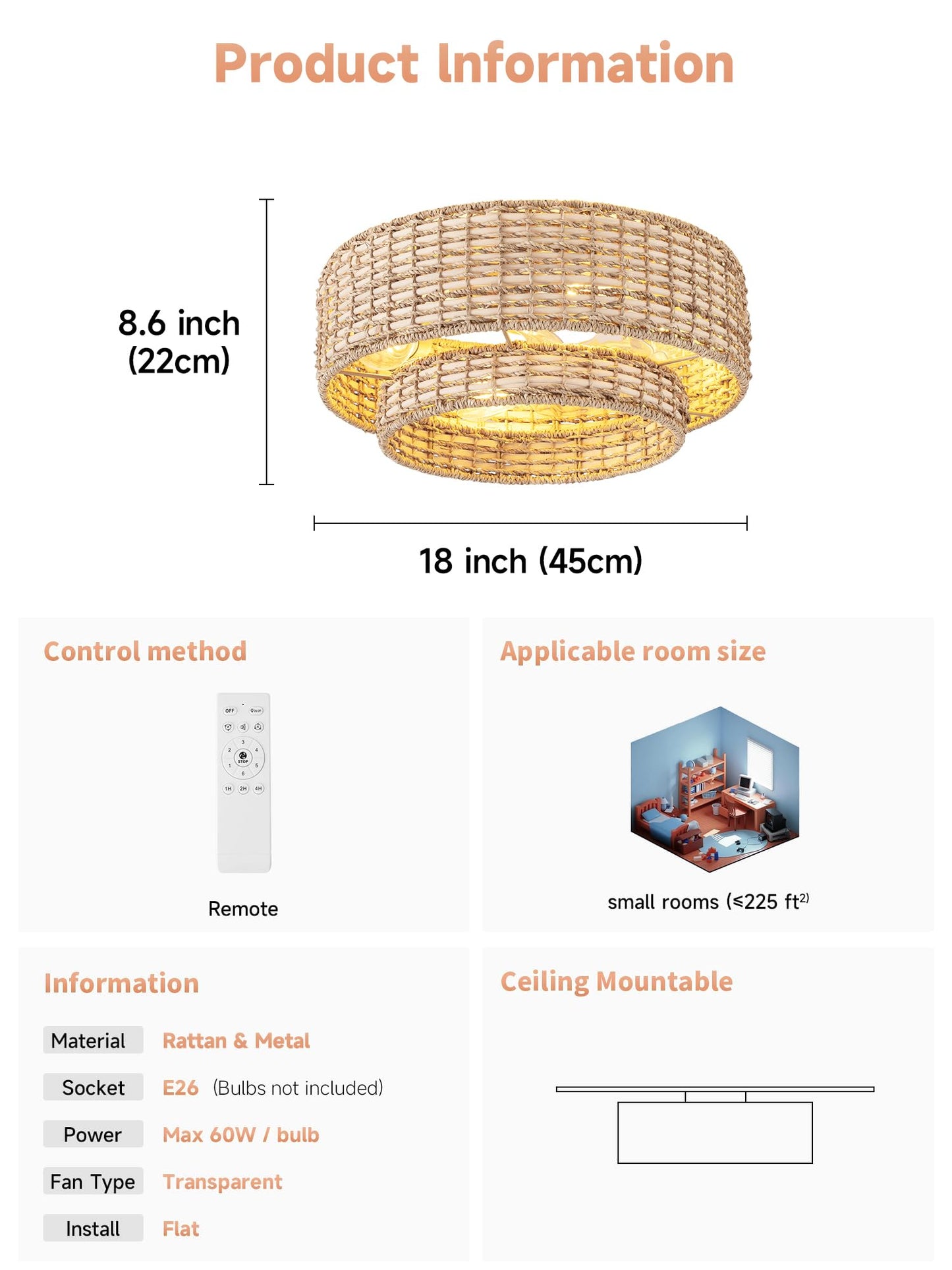 Jughtbo Boho Caged Ceiling Fans With Lights Flush Mount, Layered Rattan Ceiling Fan With Light Remote Control With Reversible 6