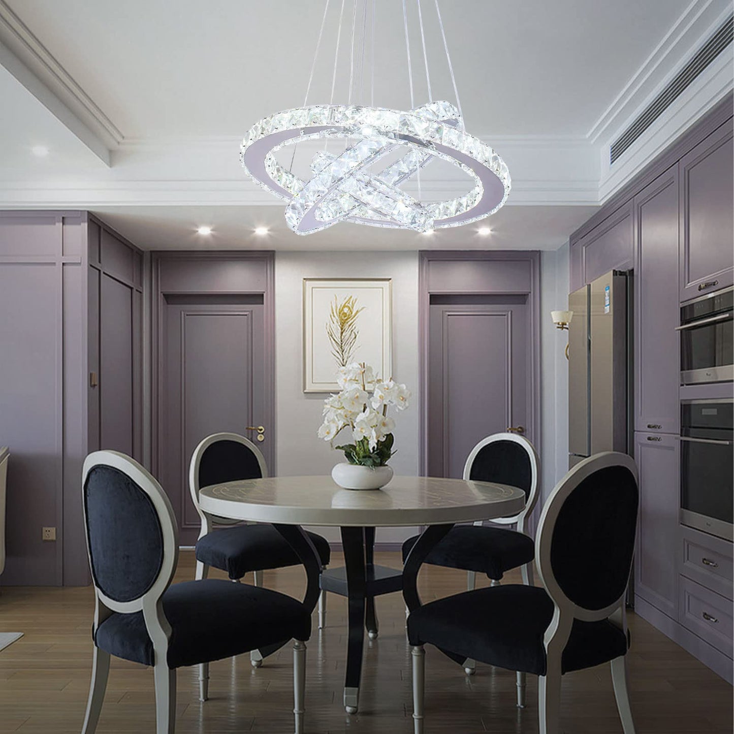 diisunbihuo Dimmable LED Chandelier Pendant Light, 3 Rings, Adjustable, Stainless Steel, Silver, Model 234-Dimmable