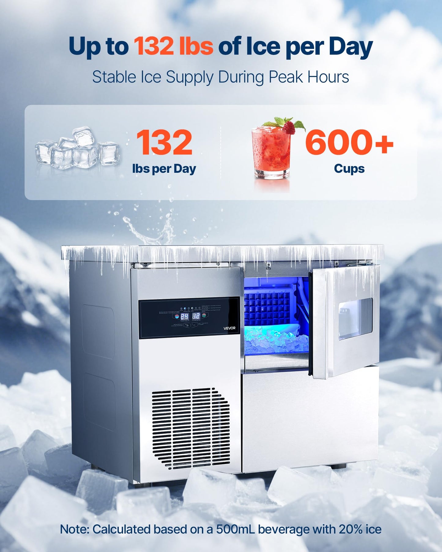 Vevor Commercial Ice Maker Machine, 132 Lbs/24H Stainless Steel Ice Machine With Worktop, 30 Lbs Storage & 70 Cubes/Cycle, Self-