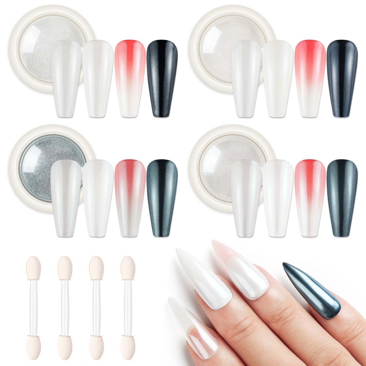 AIMEILI Pearl Chrome Nail Powder, Vegan, Cruelty Free, 4 Colors Aurora Metallic Holographic Mirror Effect Nail Art Pigment Iride