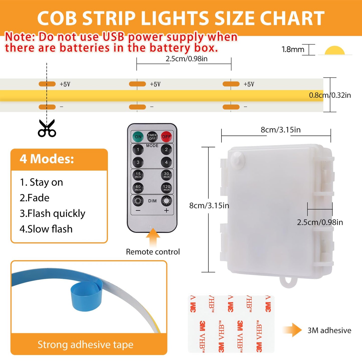 Battery Operated Light Strip, 6.56FT 640LED 6000K Cool White USB COB LED Strip Flexible Cuttable Dimmable Timer LED Light with Remote Control for Kitchen, Closet, DIY Backlight, Camping Gear (2 Pack)