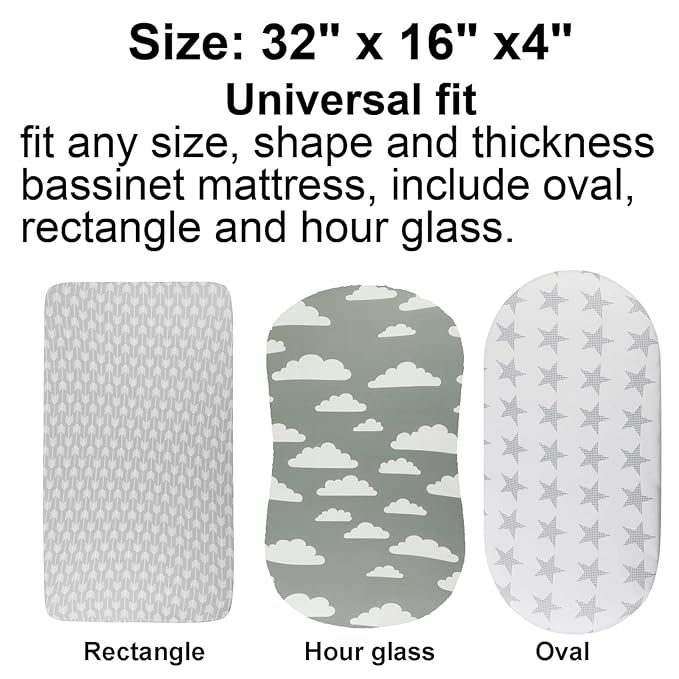 Onacosht Bassinet Sheets for Baby Boy and Girl, Stretchy Breathable Fitted Sheet Universal for Bassinet Cradle Hourglass Oval Rectangle Pad/Mattress, 4 Pack Stripe Star Cloud and Arrow Printing