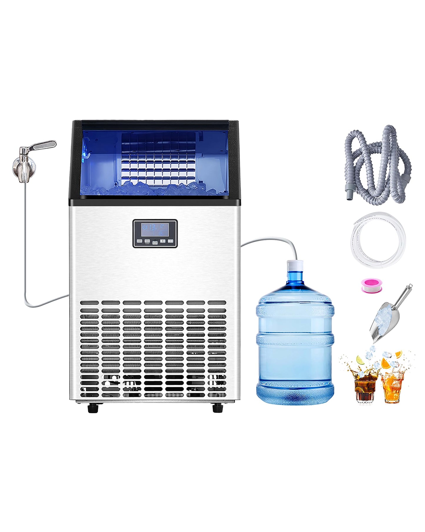 VEVOR Commercial Ice Maker Machine with 2 Water Inlets, 100lbs/24H Ice Maker with 33lbs Storage Bin, 45 Ice Cubes in 15 Mins, LED Digital Display Freestanding & Self-Cleaning for Bar Office Restaurant