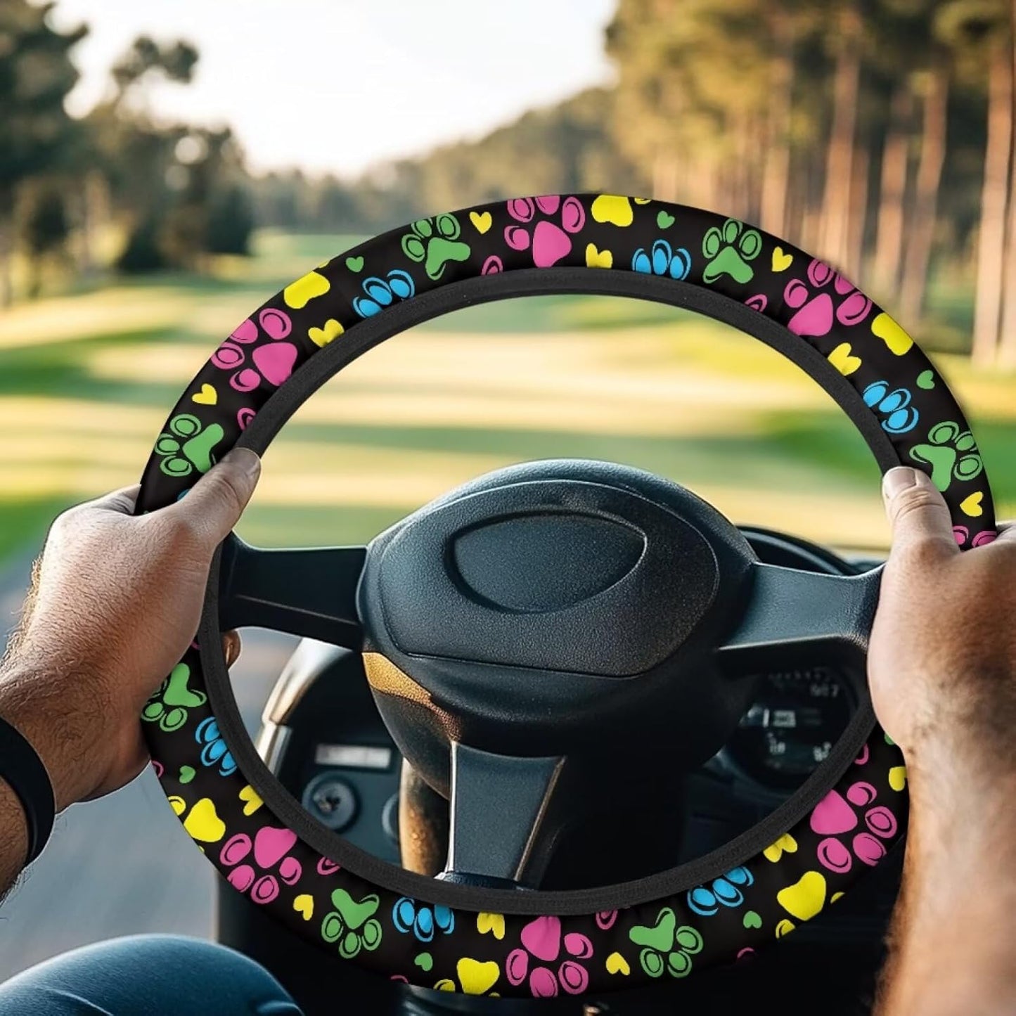 Fashion Dog Paw Steering Wheel Cover Colorful Universal Fit Golf Cart Steering Wheel Covers Anti-Slip Club Car Golf Cart Accessories 13-14 Inch Cooling in Summer