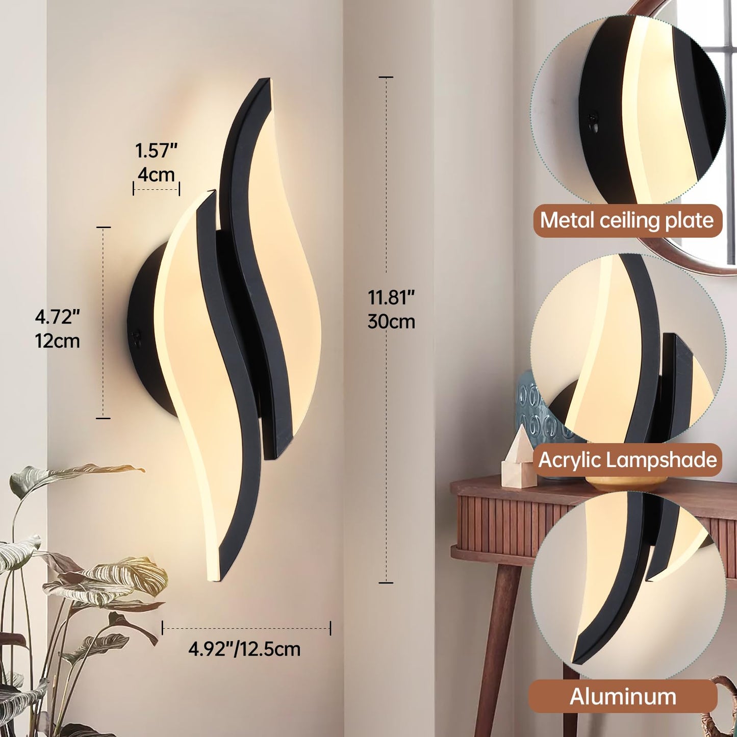 Caneoe Modern Led Wall Sconce 3000K Warm White Black Indoor Wall Light Fixtures Acrylic Wall Sconce Lighting For Living Room Bedroom Bedside Bathroom Hallway Stairway Wall Lamp (Black  1 Pack  3000K)