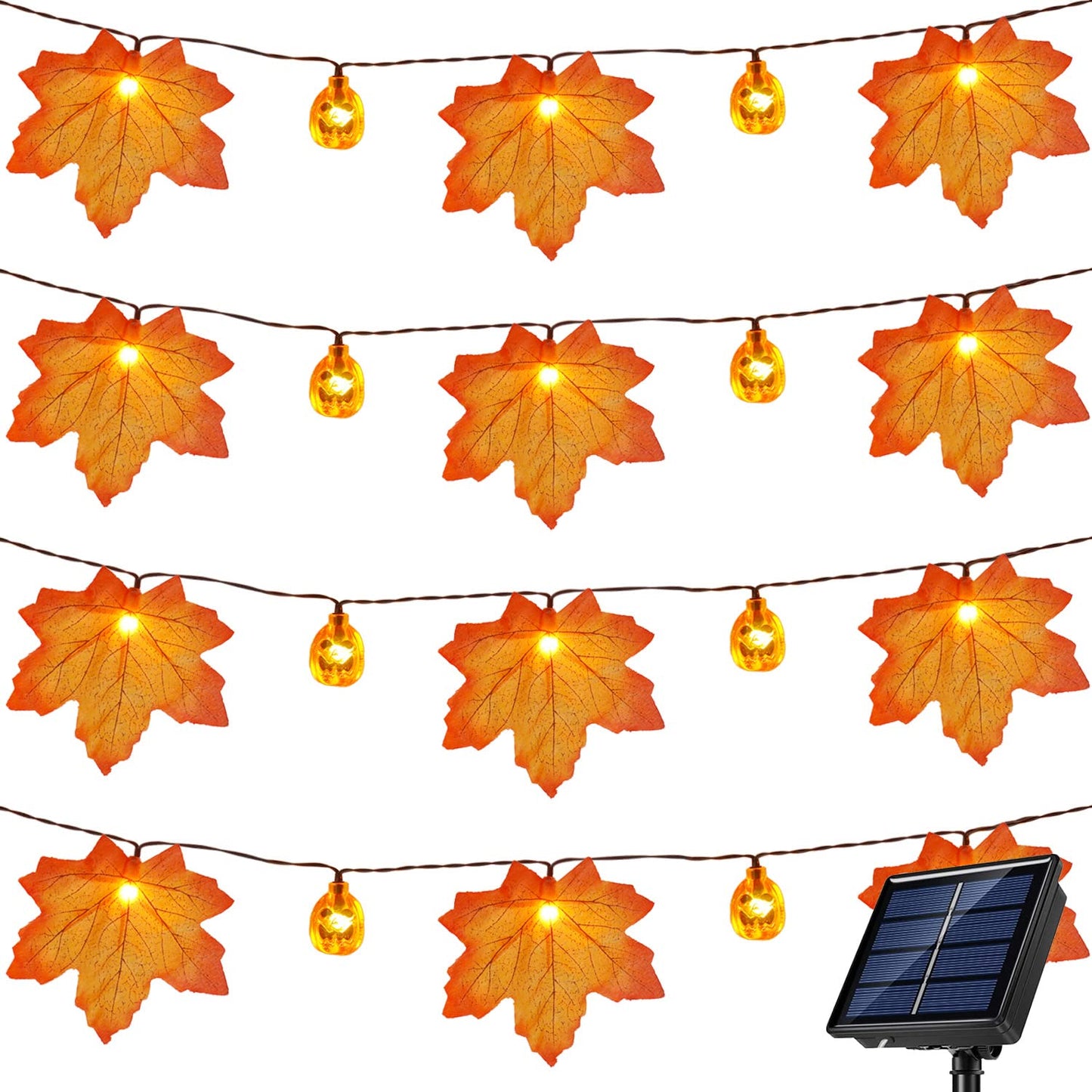 Xingpold Solar Pumpkin Maple Leaf String Lights, 50Led 30Ft, Waterproof Fall Decor, Gold For Thanksgiving Halloween Garden