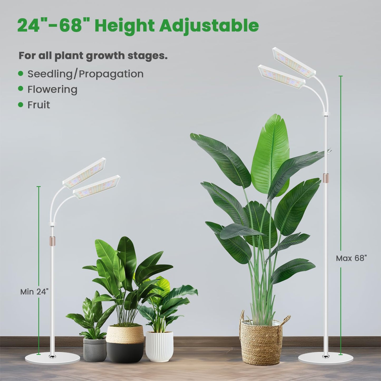 Wiaxulay Grow Lights for Indoor Plants, 306 LED Full Spectrum, Adjustable Height 24-68 in, 2 Heads, Timer, 3 Modes, White
