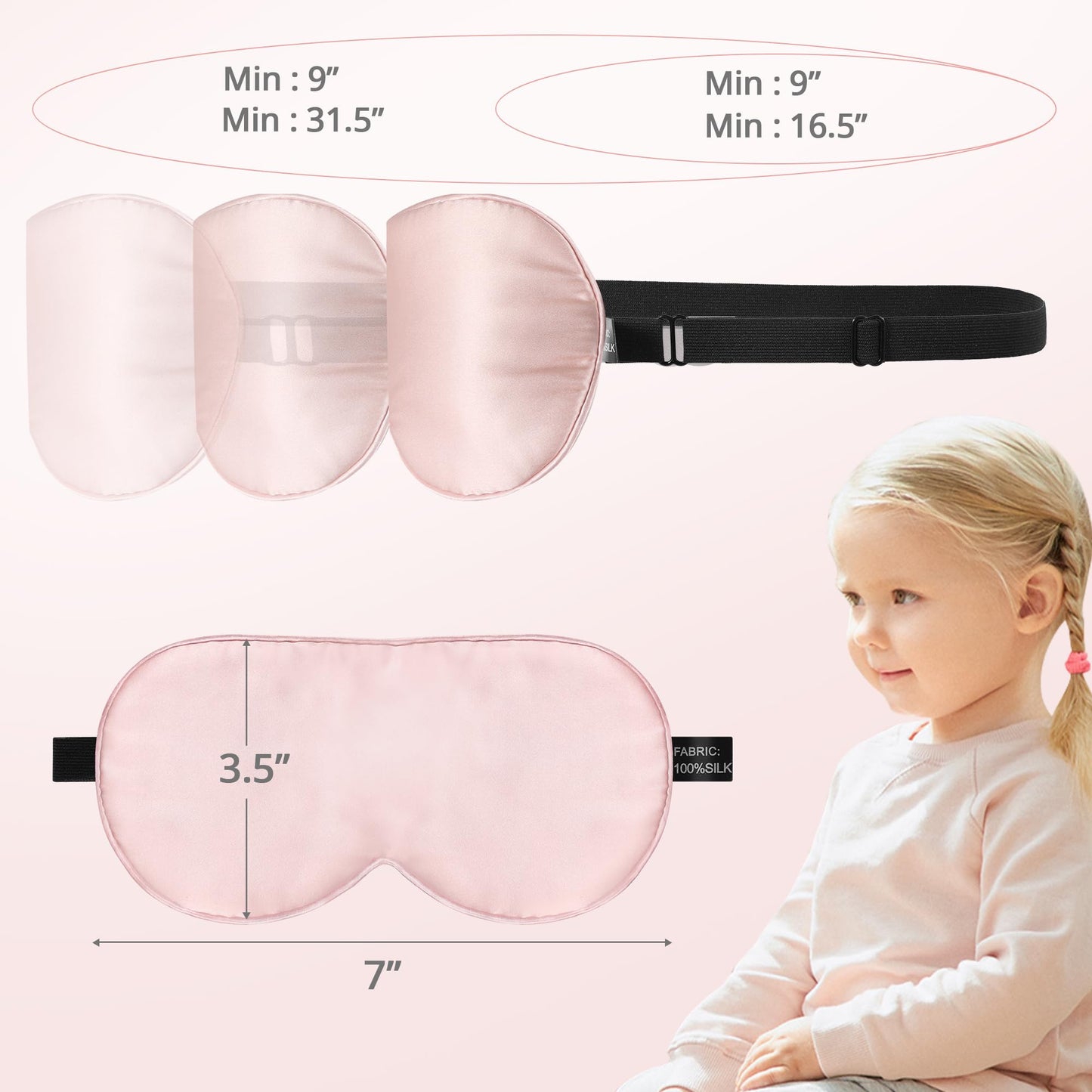 Pyopbow Kids Sleep Mask Eye Cover, 100% Real Natural Pure Silk Eye Mask with Adjustable Strap, Blindfold Kids Eye Mask for Sleeping, Eye Shade for Boys Girls and Adult, Pressure-Free Comfort (Pink)