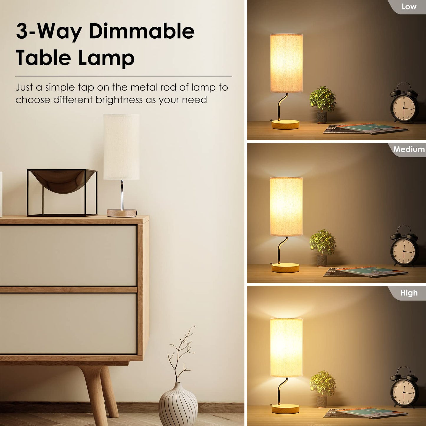 Artoomizz Smart Bedside Table Lamp Set of 2 - Touch Control LED, Dimmable, Wooden, Fabric Shade, Cream