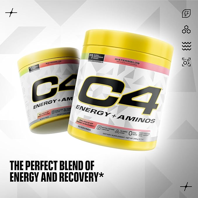 Cellucor C4 Energy + Aminos Powder | 5g BCAAs & EAAs for Muscle Recovery, 3 Electrolytes for Hydration, 100mg Natural Caffeine | Pre Workout | Zero Sugar, 30 Servings, Watermelon
