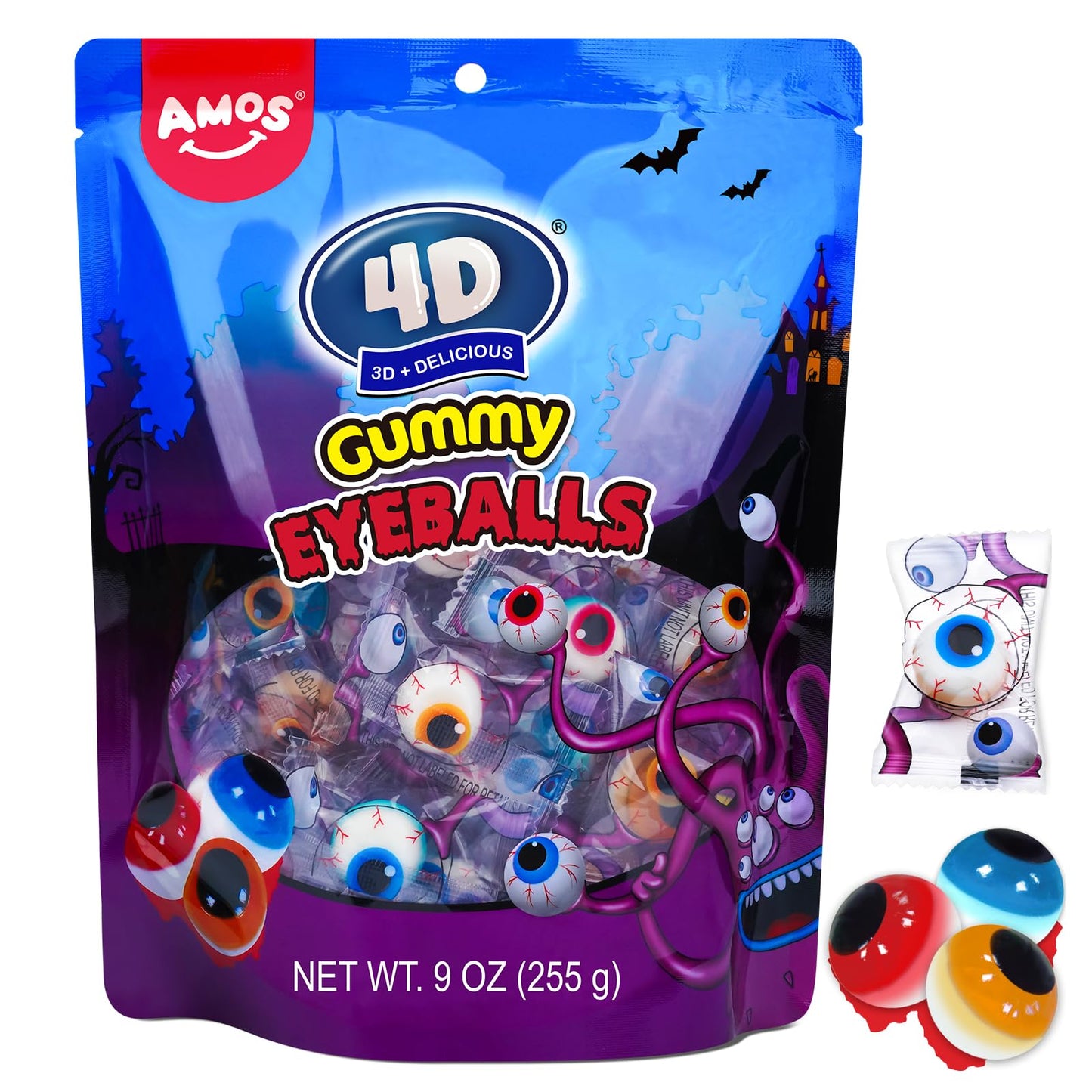 Amos Eyeball Gummy Candy - Halloween Gummy Eye Candy  for Kids & Parties  3D Gummy Eyeballs  Individually Wrapped  40 Count  9oz Bag