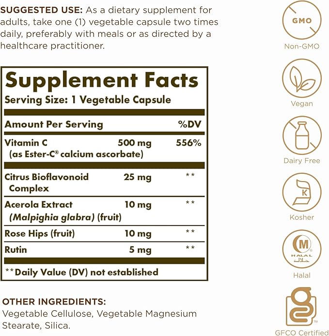 Solgar Ester-C Plus 500mg Vitamin C (Ascorbate Complex), Gentle & Non Acidic, Antioxidant & Immune Support, Non GMO, Vegan, Gluten Free, Kosher, 250 Vegetable Capsules