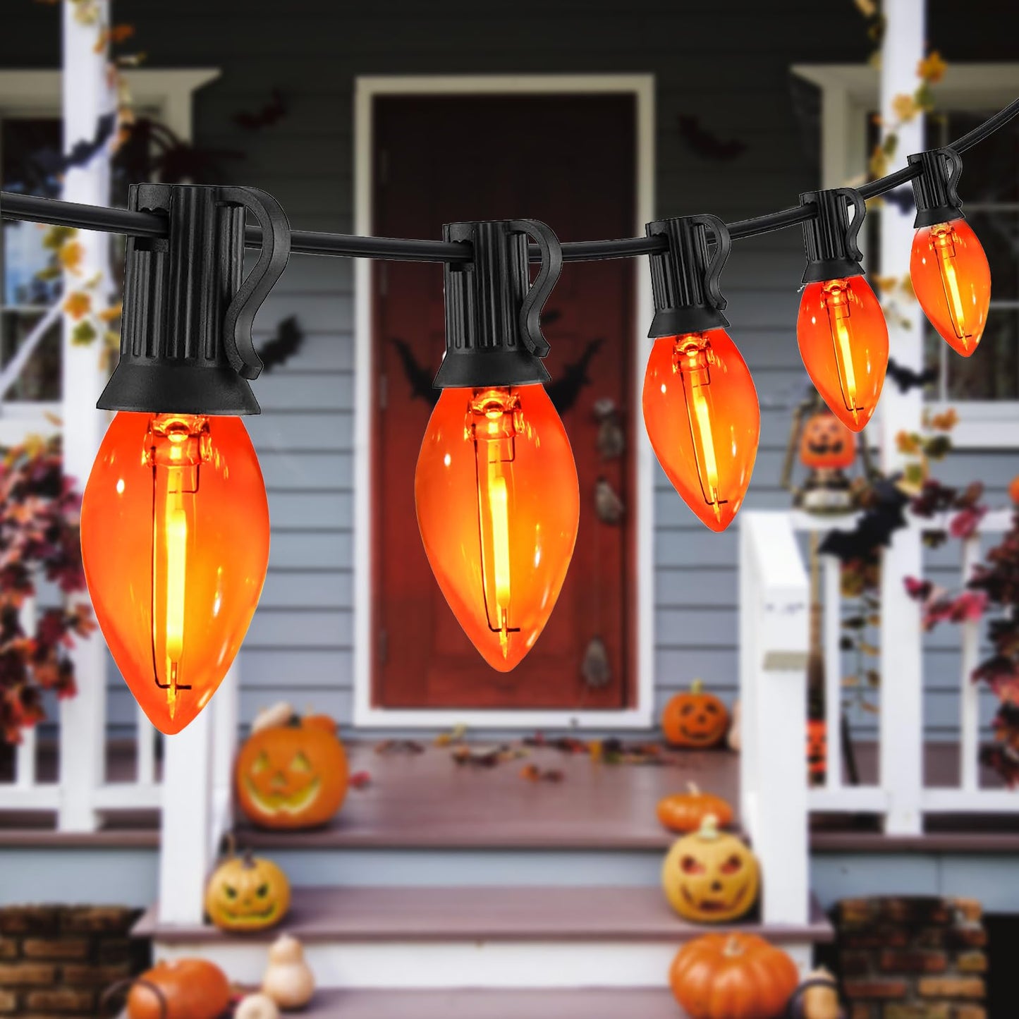 CHYParty C7 Orange Halloween Lights 10FT, LED Outdoor String Lights with Black Wire for Patio, Christmas Tree, Window, Door, Par