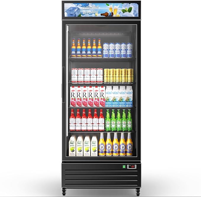 Tylza Commercial Refrigerator with Glass Door Display Beverage Fridge, 21.2 Cu Ft Upright Beverage Cooler Merchandiser with Rebound Door, Fast Cooling, Low Noise, Black