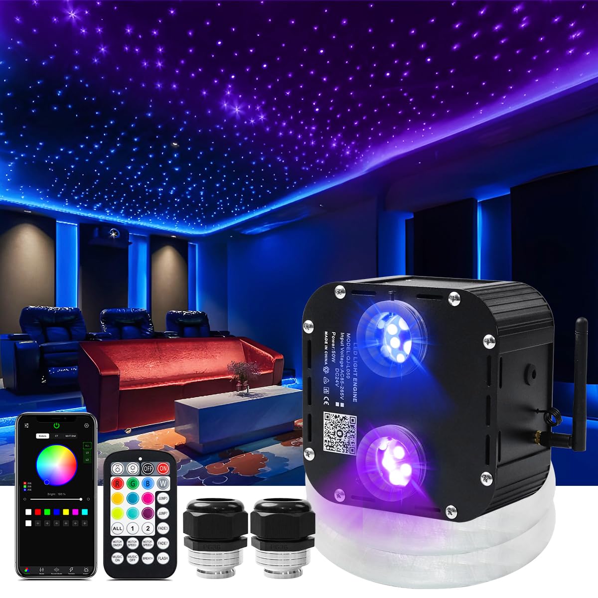 AZIMOM Dual Color Twinkle Fiber Optic Starlight Kit, 50W, 1330pcs, 16.4ft, Aluminum, Black, Model QJ-L050, Sound