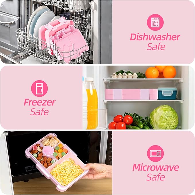 Bento Lunch Box for Kids, 6 Compartments BPA Free, Dishwasher Safe Back to School Snack Bento Lunch Containers Boxes, Ideal Portion Sizes for On-the-Go Meal, Ages 3+, School, Pink