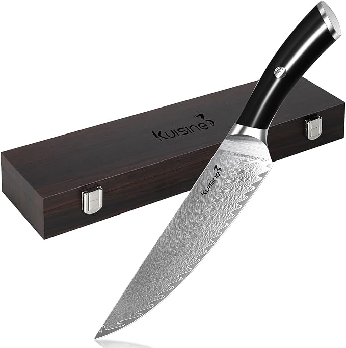 KUISINE Premium Damascus Chef Knife Non-slip Handle Razor sharp Blade Luxuy Gift for Holidays(Silver Pro, 8inch)