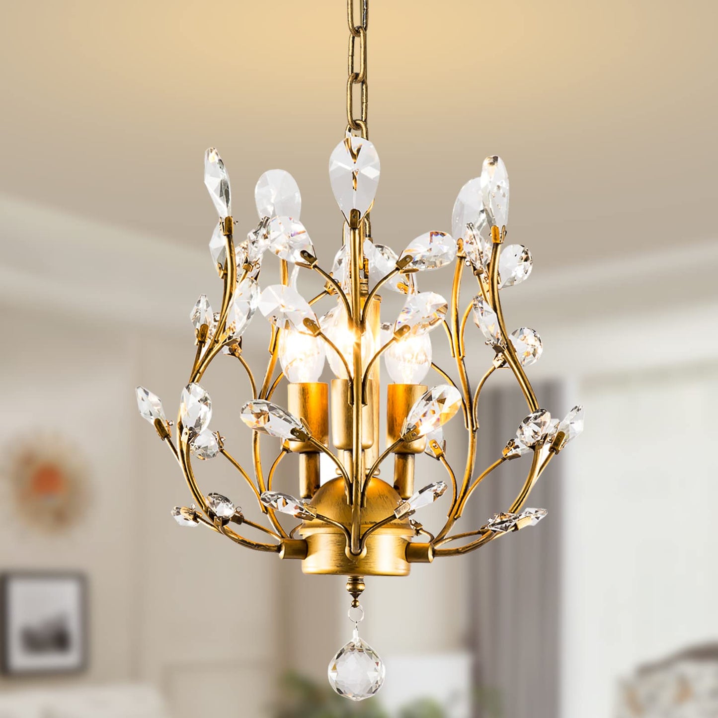 Ganeed K9 Crystal Chandelier - 3-Light Pendant Light, Golden Iron & Crystal, Ideal For Living Room, Bedroom, Restaurant, Hallway