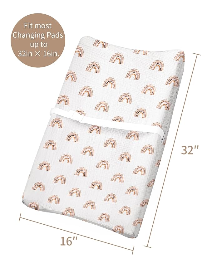 Changing Pad Cover for Baby Boy Girl 2 Pack, Muslin Changing Table Pad Covers with Boho Style, Neutral Nursery Bedding Essentials Soft and Breathable(Beige & Rainbow)