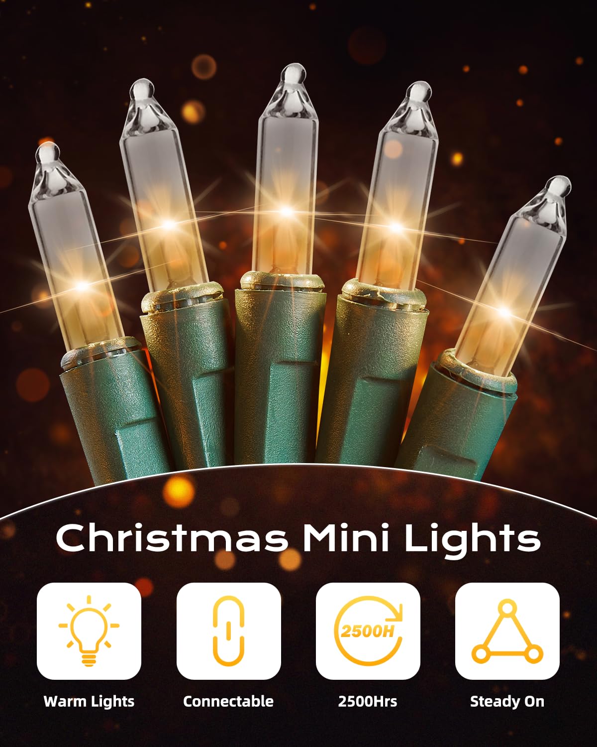 Brightown Clear Christmas String Lights  200-Count 50Ft Incandescent Bulb Mini Lights For Indoor Holiday Decor  Christmas Tree Garland Wedding Party Multi-Use Festival Decoration  Green Wire