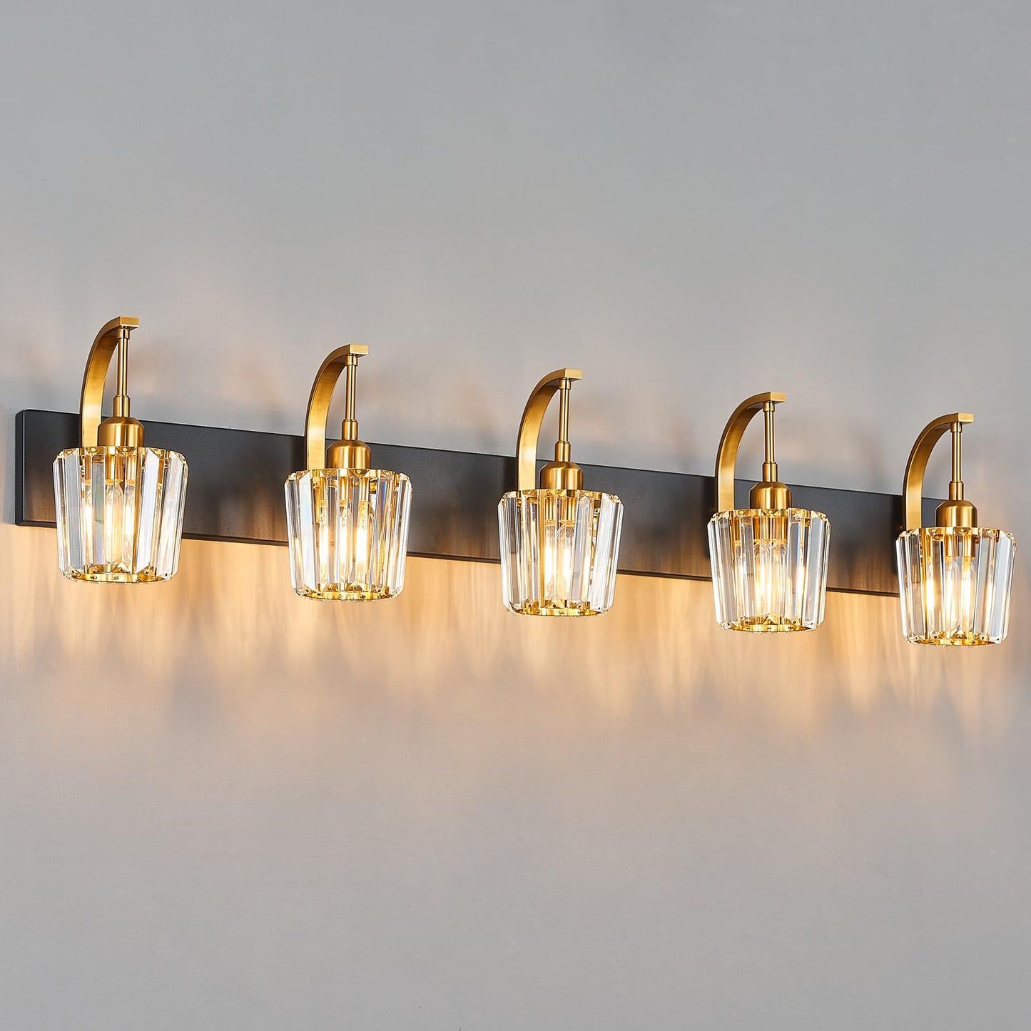 Fdpby Modern Bathroom Vanity Light  5-Light Black Gold Wall Sconce With Crystal Accents  Over Mirror Bathroom Lighting Fixture  42.52 Long Dimmable Vanity Lamp For Makeup  Easy Installation