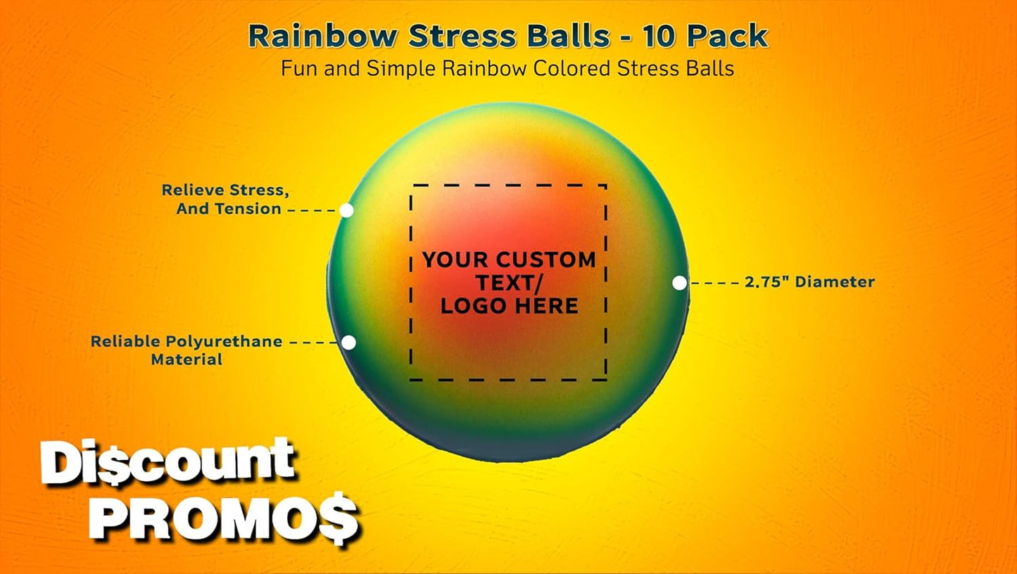 DISCOUNT PROMOS Custom Rainbow Squeeze Balls Set of 10, Personalized Bulk Pack - Perfect for Promotional Giveaways - Rainbow