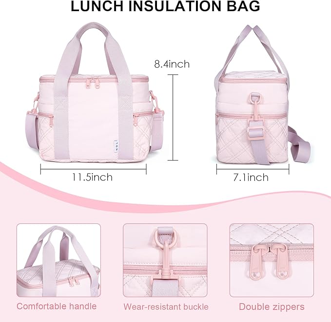 NOL Natural Organic Lifestyle Women's Nylon Lunch Cooler Cute Quilted Lunch Bag Large Leakproof Insulated Lunch Tote Bag for Work Picnic Travel,Pink