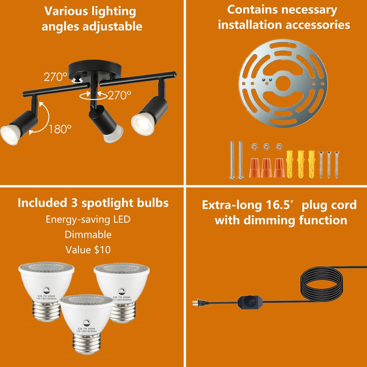 Vivihobb Dimmable Plug In Track Light Black 3 Light Plug In Ceiling Lighting Fixture With 16.4 Long Cord 4 Way Ceiling Spotlight Rotatable Wall Mount Light Head Led Dimmable Spot Bulbs Included