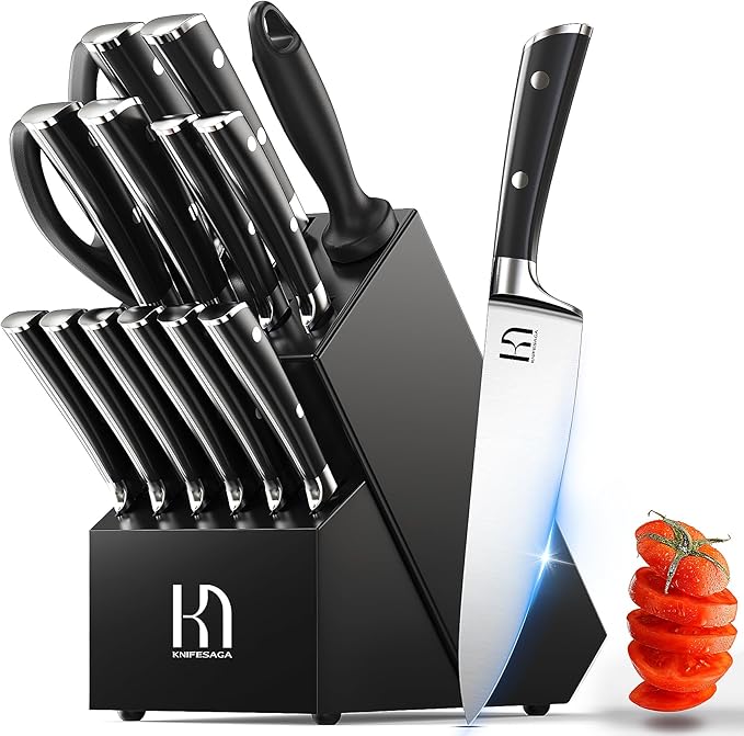 2025 Knife Set 15 Pcs Japanese High Carbon Stainless Steel Kitchen Knife Sets with Block & Sharpener, Premium Razor-Sharp Black Knives Block Set for Kitchen, Ergonomic Full-Tang Handle