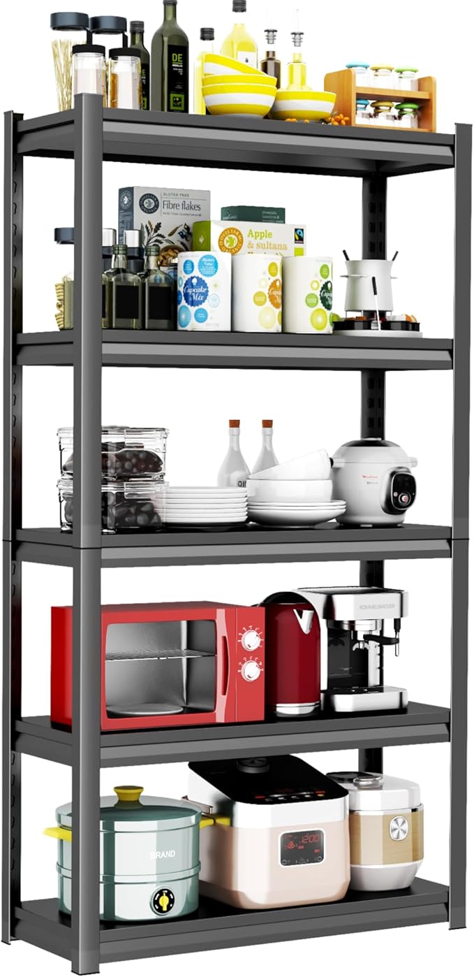 Kitchen Storage Shelves, Heavy Duty Shelving Unit, 5-Tier Adjustable Pantry Shelf, Food and Beverage Storage Shelves, Durable Metal Shelving, Appliance Storage, 59.1" H, Black