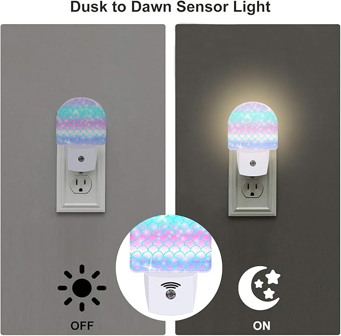 Rainbow Glitter Mermaid Scales Night Light Plug into Wall,Watercolor Pink Purple Teal Fish Scale Dusk to Dawn Night Light,0.5w Energy Saving Nightlights for Kids Boys Girls Home Decor