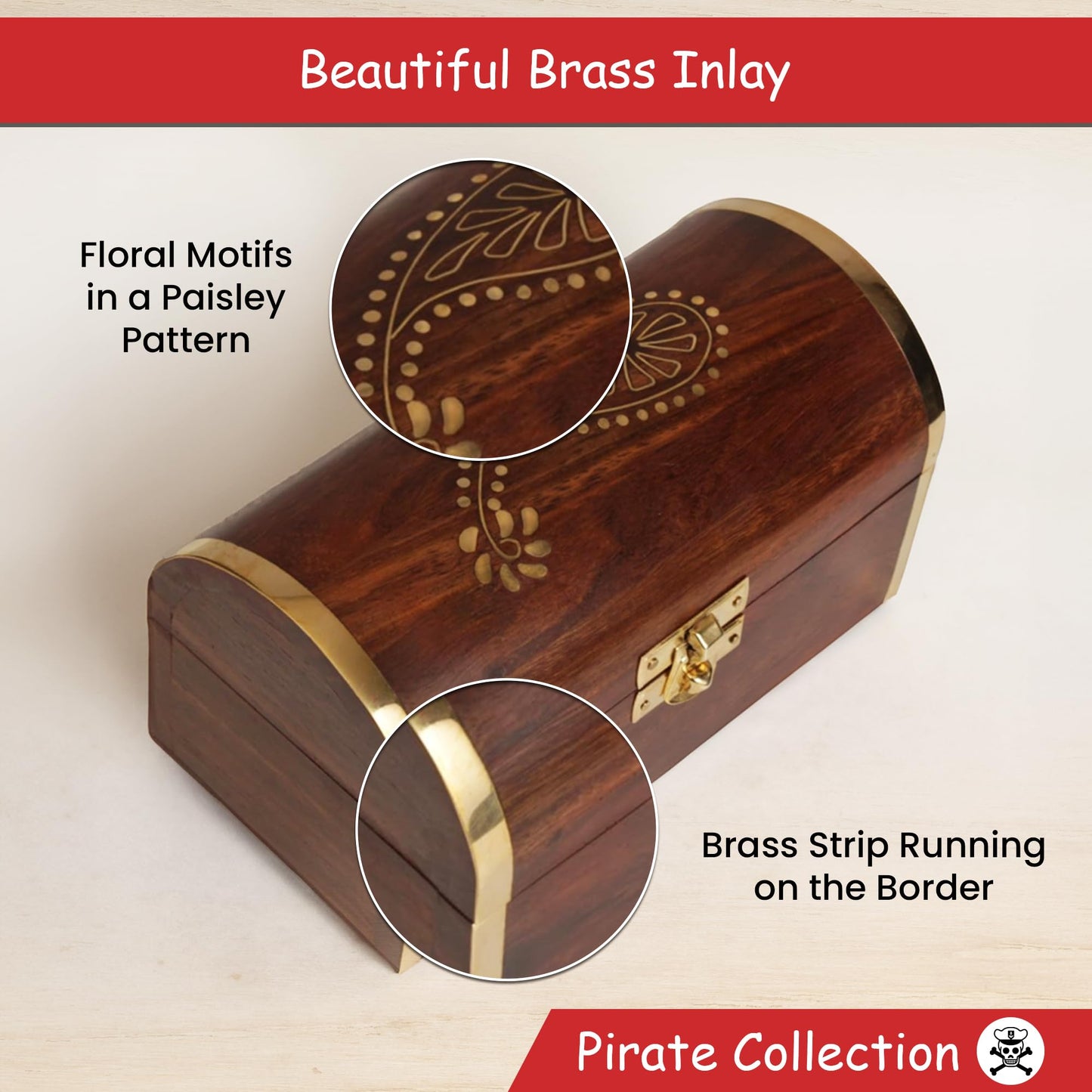 STORE INDYA Handmade Wooden Jewelry Chest Organizer Keepsake Box With Beautiful Brass Inlay (Pirate Collection- Treasure Chest)