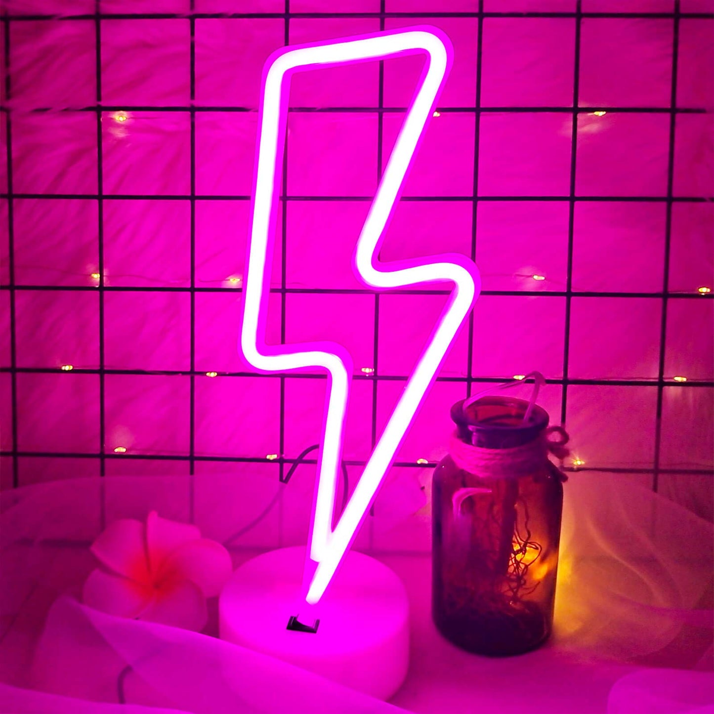 VIFULIN Neon Lightning Bolt Sign Light, Pink LED Room Decor, Battery/USB Operated