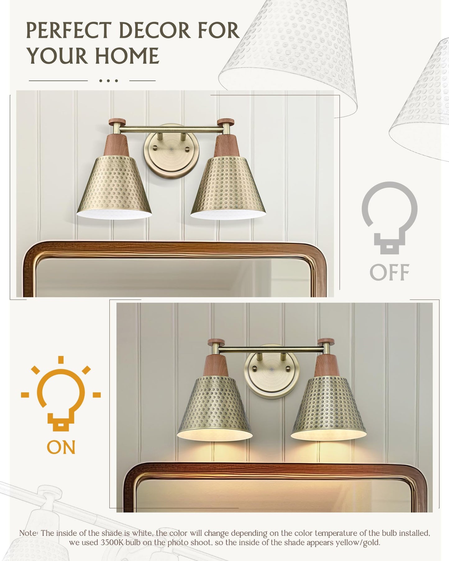 Femila 2 Light Bathroom Vanity Light Fixtures Over Mirror  Modern Brass Gold Bathroom Lighting Fixtures With Metal Shades  Woodgrain Finish  4Fg59B-2W Bg-Nw