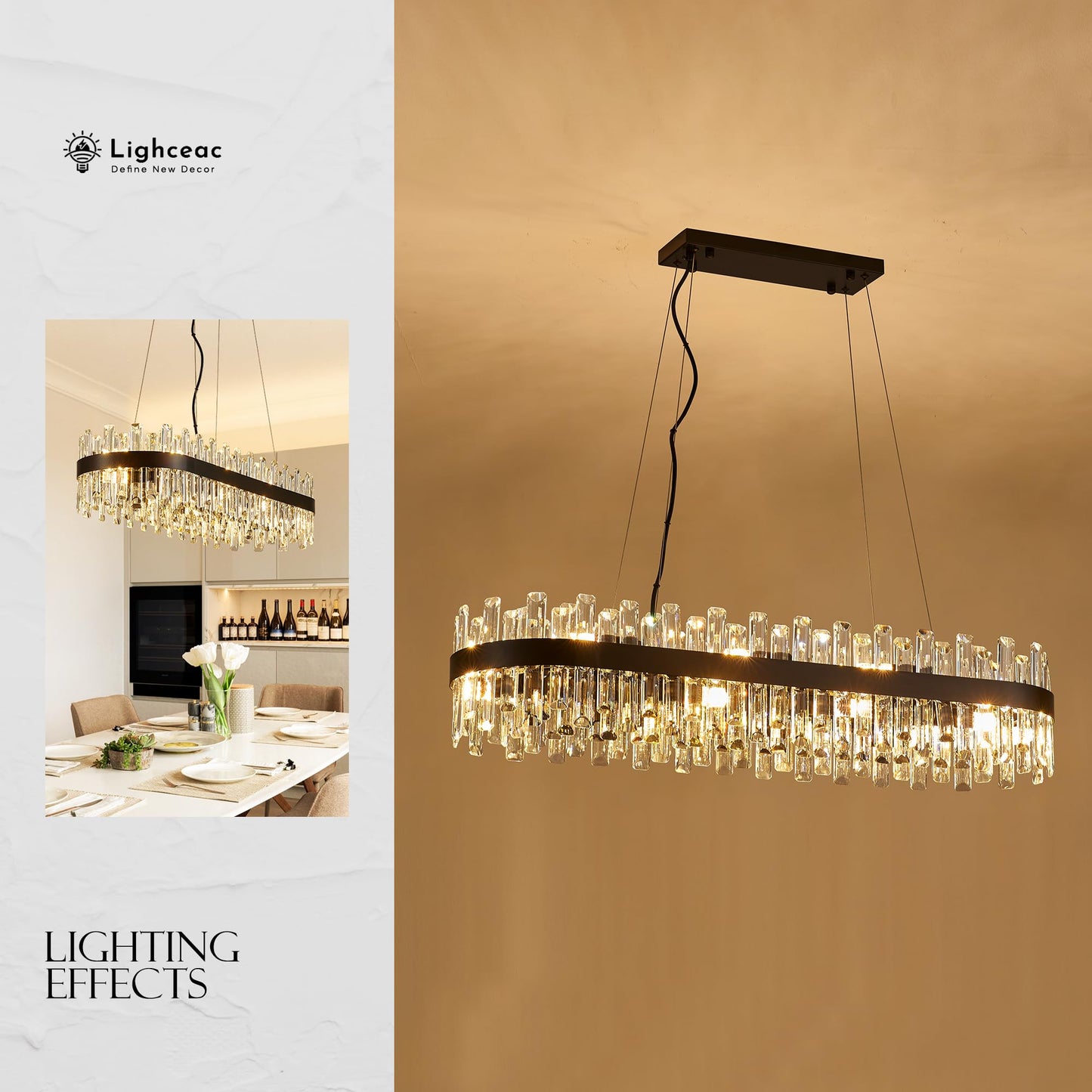 Lighceac 39 Modern Black Rectangle Crystal Chandelier Light Fixtures For Kitchen Island stylish Linear Crystal Chandeliers For Dining Room 16-Light Long Hanging Pendant Lighting For Entryway Foyer Bar