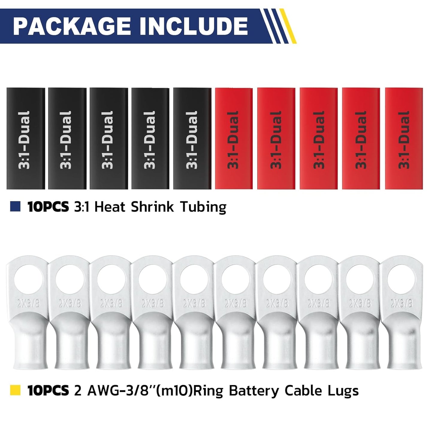 haisstronica 10pcs 2 AWG - 3/8" (M10) Tinned Copper Battery Lugs, Heavy Duty Copper Wire Lugs with 10pcs 3:1 Adhesive Heat Shrink Tubing, 2 Gauge Wire Lugs, Tinned Copper Battery Cable Ends